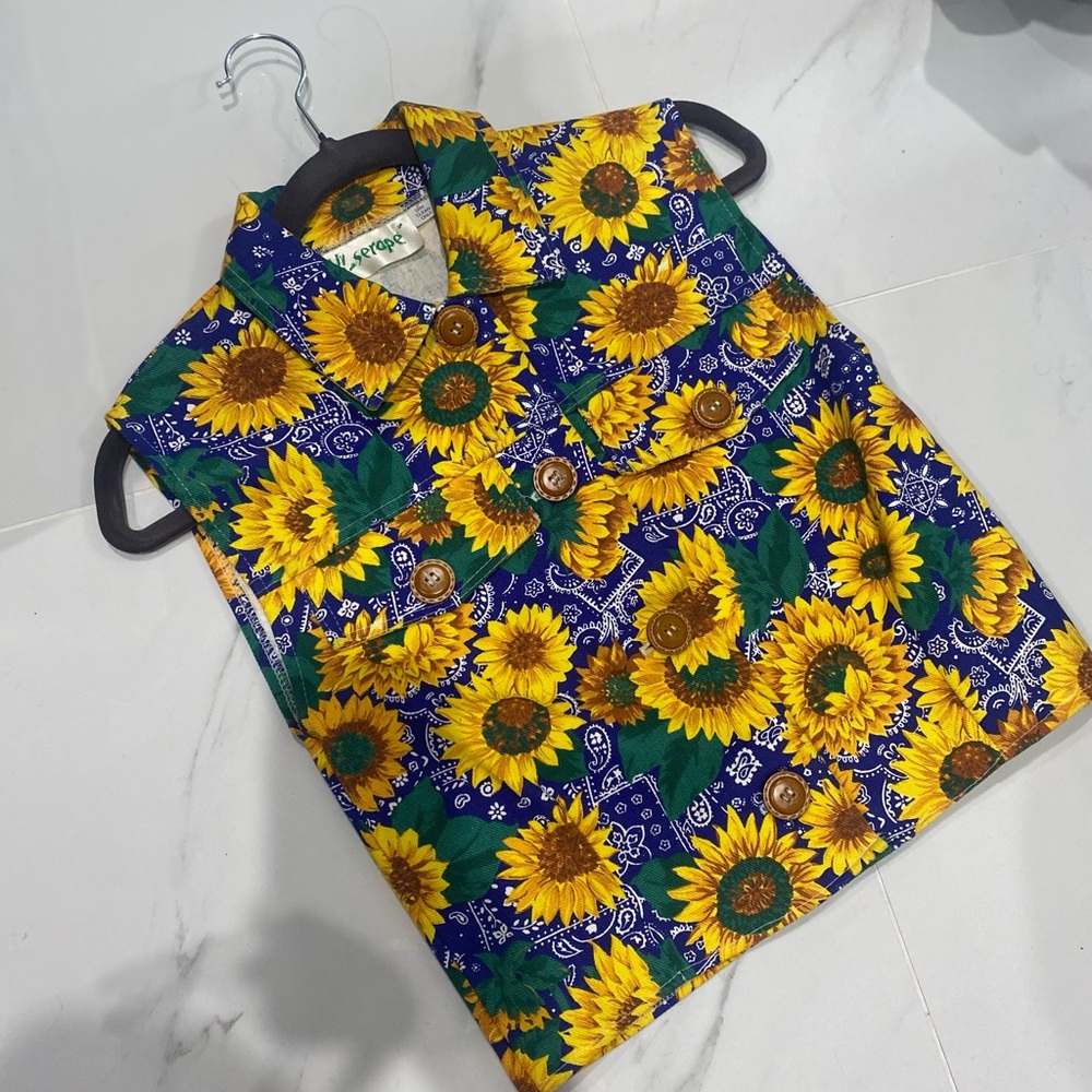 Vintage Sunflower Print Sleeveless Denim Vest